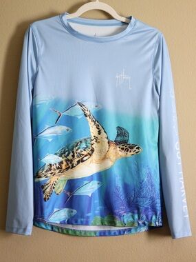 Guy Harvey Blue Sea Turtle Ocean Graphic Long Sleeve Shirt S